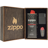 Фото Комплект Zippo Зажигалка 218 ZL black matte with zippo logo + Бензин + Кремни + Подарочная коробка
