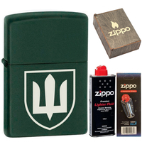 Фото Комплект Zippo Зажигалка 221 TR Тризуб + Бензин + Кремни + Подарочная коробка