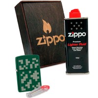 Фото Подарочный набор Zippo Зажигалка Regular Green Matte 221 пиксель + Коробка + Бензин 3141 + Кремни 2406