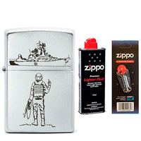 Фото Комплект Zippo Зажигалка 205-RVK CLASSIC satin chrome + Бензин + Кремни в подарок