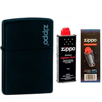 Фото Комплект Zippo Зажигалка 218 ZL BLACK MATTE w/ZIPPO LOGO + Бензин + Кремни в подарок