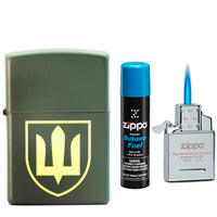 Комплект Zippo Зажигалка 221 TR Тризуб + Газовый инсерт к зажигалкам + Газ для зажигалок