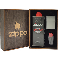 Фото Комплект Zippo Зажигалка Zippo 200 CLASSIC brushed chrome + Подарочная упаковка + Бензин + Кремни